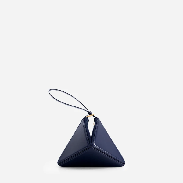 Mlouye Mini Flex Bag - Patent Navy Bag a Architectural Leather Handbag in Blue at Coveti Luxury