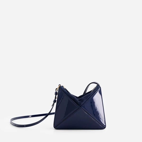 Mlouye Mini Flex Bag - Patent Navy Bag a Architectural Leather Handbag in Blue at Coveti Luxury