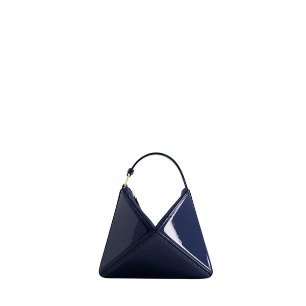 Mlouye Mini Flex Bag - Patent Navy Bag a Architectural Leather Handbag in Blue at Coveti Luxury