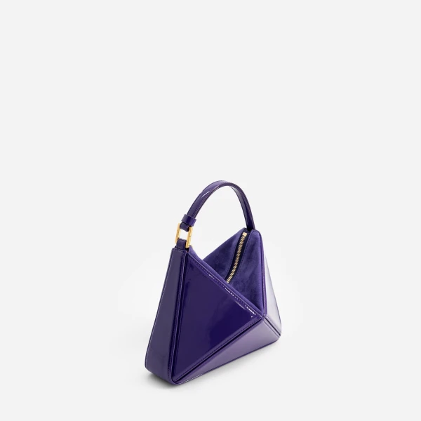 Mlouye Mini Flex Bag - Patent Purple Bag a Architectural Leather Handbag in Purple at Coveti Luxury