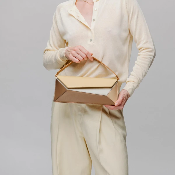 Mlouye Naomi Baguette - Rusty Bag a Architectural Leather Handbag in Brown at Coveti Luxury