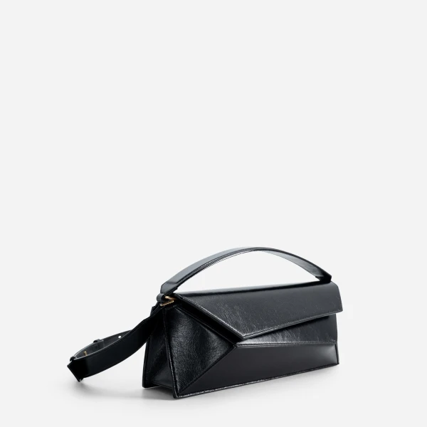 Mlouye Naomi Baguette - Crinkled Black Bag a Architectural Leather Handbag in Black at Coveti Luxury