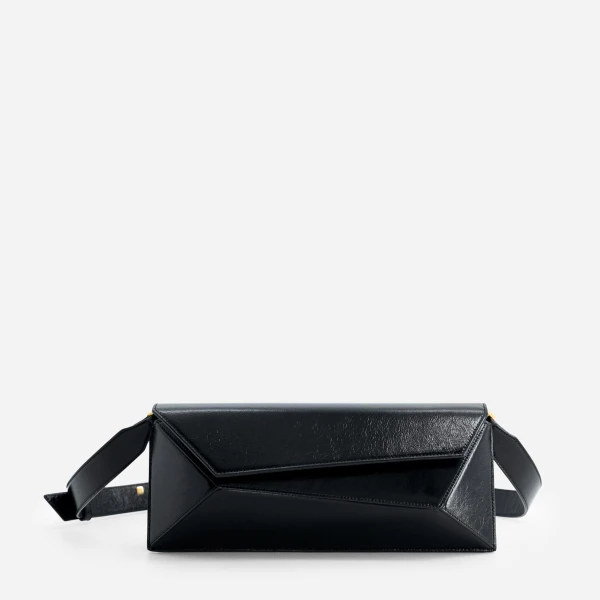Mlouye Naomi Baguette - Crinkled Black Bag a Architectural Leather Handbag in Black at Coveti Luxury