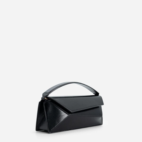 Mlouye Naomi Baguette - Crinkled Black Bag a Architectural Leather Handbag in Black at Coveti Luxury