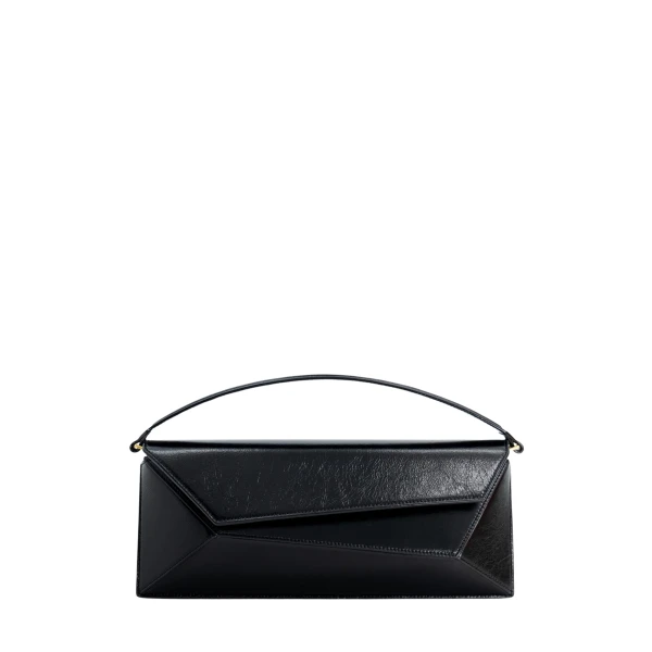 Mlouye Naomi Baguette - Crinkled Black Bag a Architectural Leather Handbag in Black at Coveti Luxury