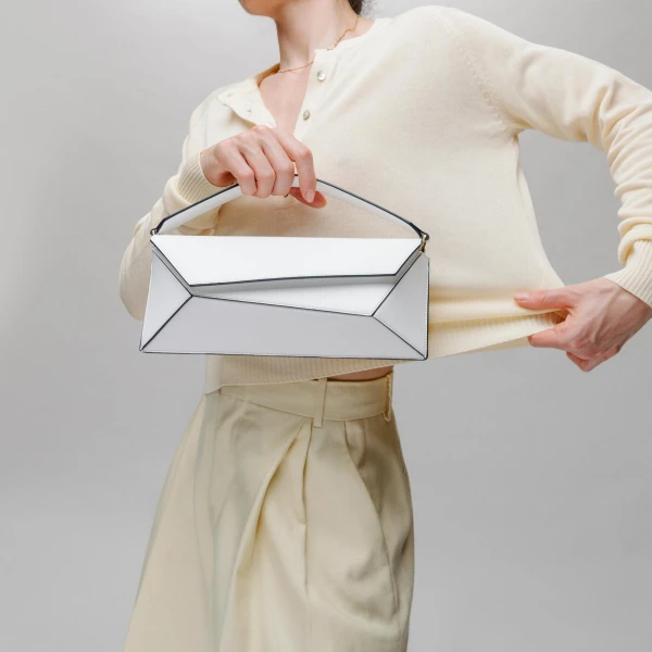 Mlouye Naomi Baguette - White Bag a Architectural Leather Handbag in Ivory at Coveti Luxury