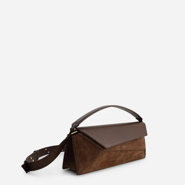 Mlouye Naomi Baguette - Suede Espresso Bag a Architectural Leather Handbag in Brown at Coveti Luxury