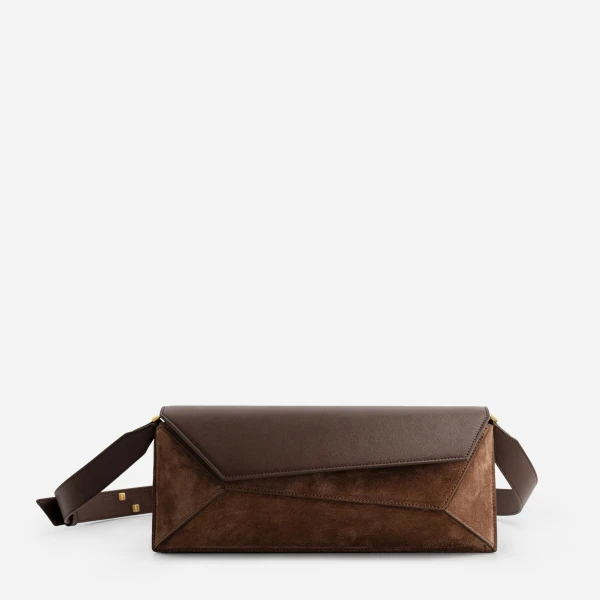 Mlouye Naomi Baguette - Suede Espresso Bag a Architectural Leather Handbag in Brown at Coveti Luxury