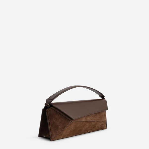Mlouye Naomi Baguette - Suede Espresso Bag a Architectural Leather Handbag in Brown at Coveti Luxury