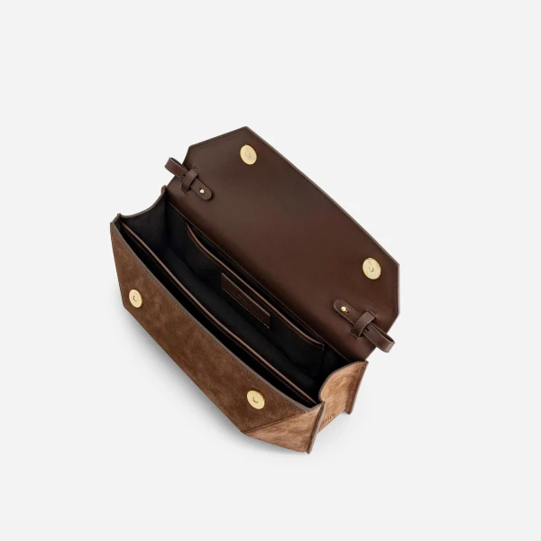 Mlouye Naomi Baguette - Suede Espresso Bag a Architectural Leather Handbag in Brown at Coveti Luxury