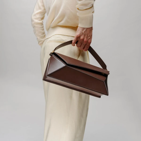 Mlouye Naomi Baguette - Dark Grapes Bag a Architectural Leather Handbag in Brown at Coveti Luxury