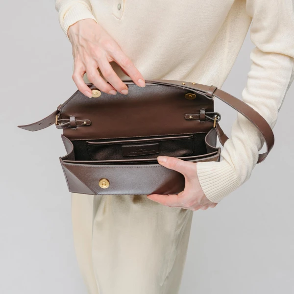 Mlouye Naomi Baguette - Dark Grapes Bag a Architectural Leather Handbag in Brown at Coveti Luxury