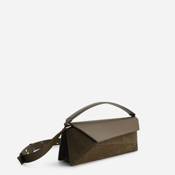 Mlouye Naomi Baguette - Suede Moss Bag a Architectural Leather Handbag in Brown at Coveti Luxury