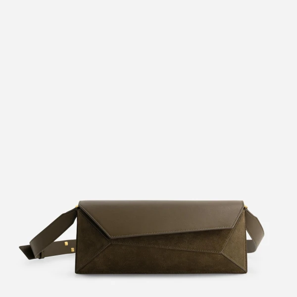 Mlouye Naomi Baguette - Suede Moss Bag a Architectural Leather Handbag in Brown at Coveti Luxury