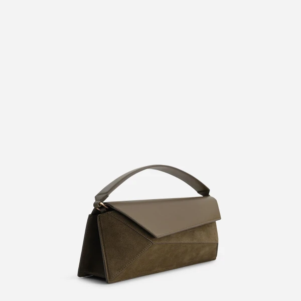 Mlouye Naomi Baguette - Suede Moss Bag a Architectural Leather Handbag in Brown at Coveti Luxury
