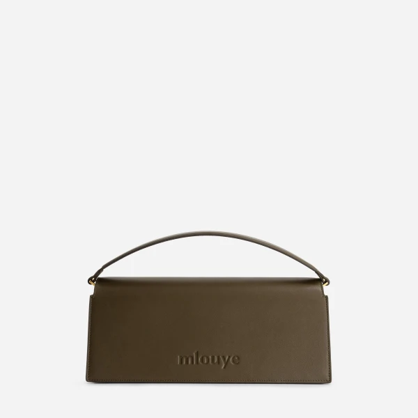 Mlouye Naomi Baguette - Suede Moss Bag a Architectural Leather Handbag in Brown at Coveti Luxury