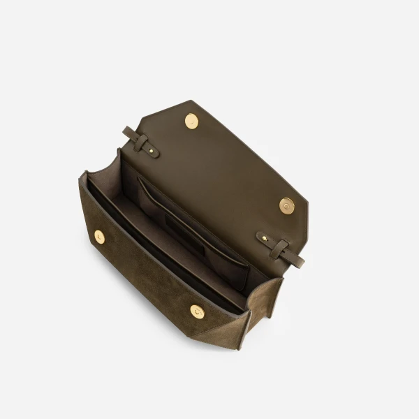 Mlouye Naomi Baguette - Suede Moss Bag a Architectural Leather Handbag in Brown at Coveti Luxury