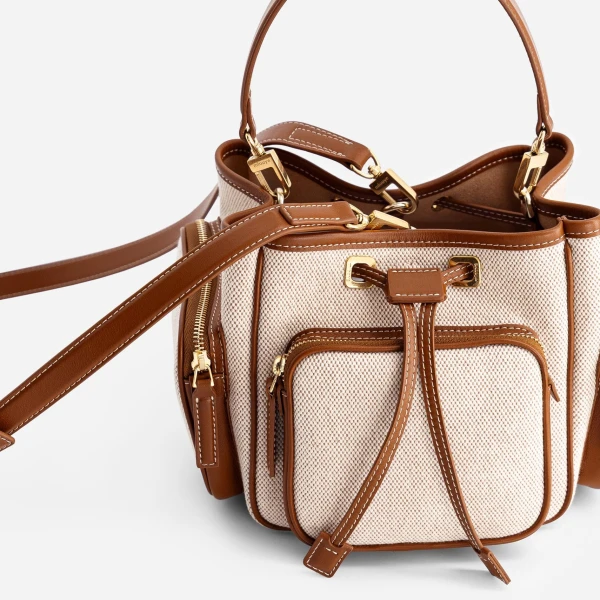 Mlouye Quad - Canvas Bag a Architectural Leather Handbag in Beige at Coveti Luxury
