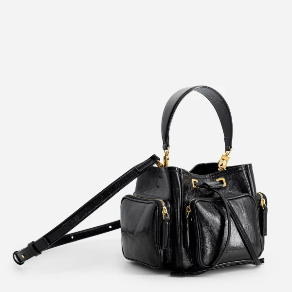 Mlouye Quad - Crinkled Black Bag a Architectural Leather Handbag in Black at Coveti Luxury