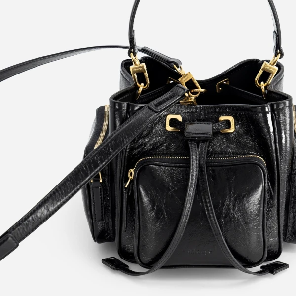 Mlouye Quad - Crinkled Black Bag a Architectural Leather Handbag in Black at Coveti Luxury