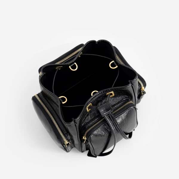 Mlouye Quad - Crinkled Black Bag a Architectural Leather Handbag in Black at Coveti Luxury