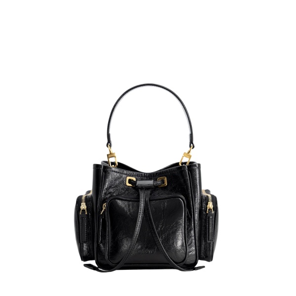 Mlouye Quad - Crinkled Black Bag a Architectural Leather Handbag in Black at Coveti Luxury