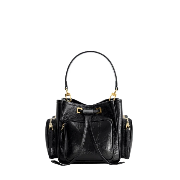Mlouye Quad - Crinkled Black Bag a Architectural Leather Handbag in Black at Coveti Luxury