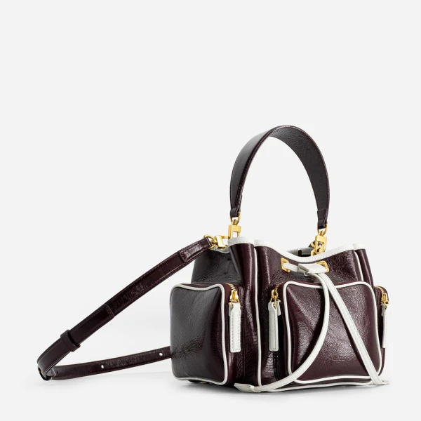 Mlouye Quad - Crinkled Bordeaux & White Bag a Architectural Leather Handbag in Red at Coveti Luxury