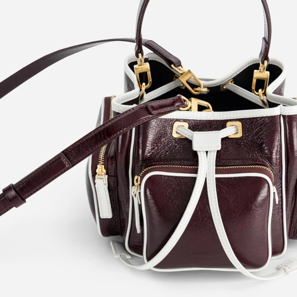 Mlouye Quad - Crinkled Bordeaux & White Bag a Architectural Leather Handbag in Red at Coveti Luxury