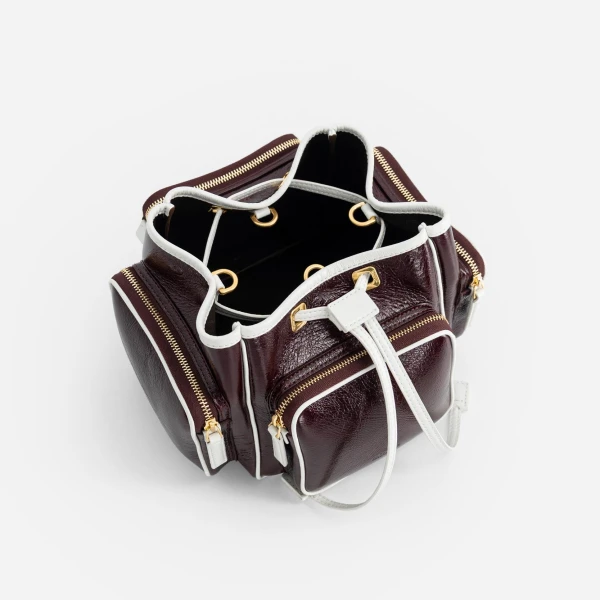 Mlouye Quad - Crinkled Bordeaux & White Bag a Architectural Leather Handbag in Red at Coveti Luxury