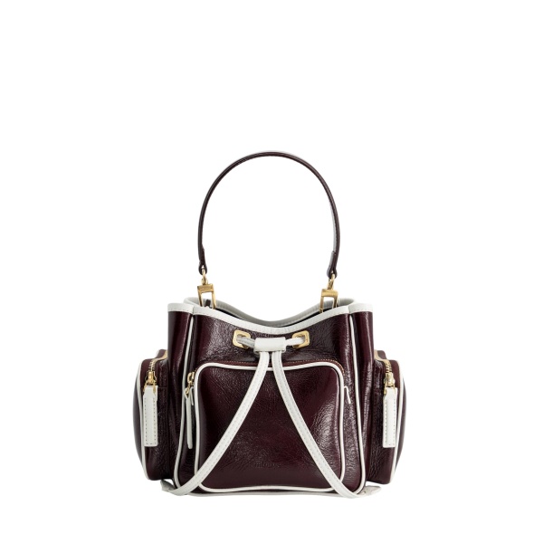 Mlouye Quad - Crinkled Bordeaux & White Bag a Architectural Leather Handbag in Red at Coveti Luxury