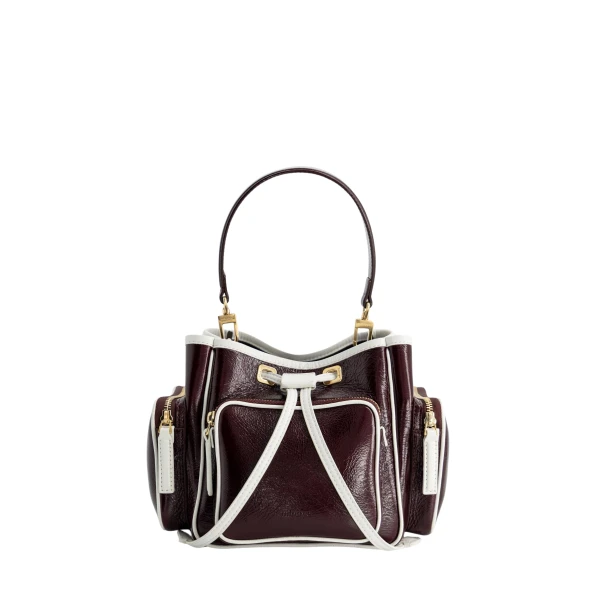 Mlouye Quad - Crinkled Bordeaux & White Bag a Architectural Leather Handbag in Red at Coveti Luxury