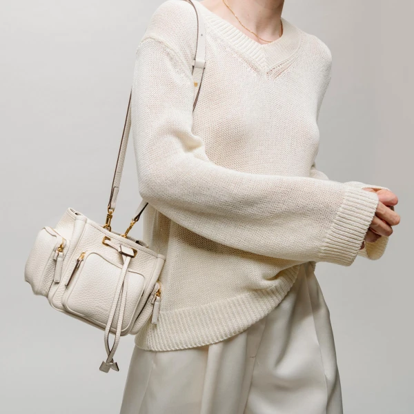 Mlouye Quad - Grained Cream Bag a Architectural Leather Handbag in Ivory at Coveti Luxury