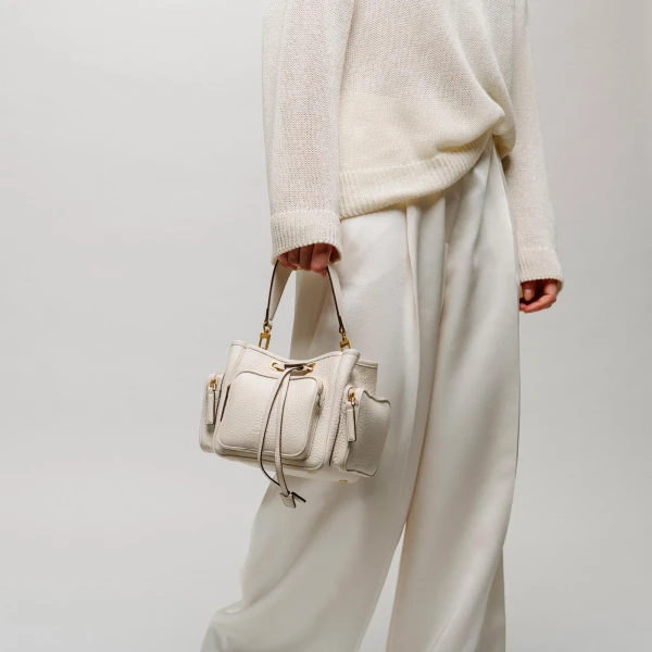 Mlouye Quad - Grained Cream Bag a Architectural Leather Handbag in Ivory at Coveti Luxury
