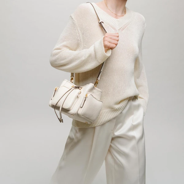 Mlouye Quad - Grained Cream Bag a Architectural Leather Handbag in Ivory at Coveti Luxury