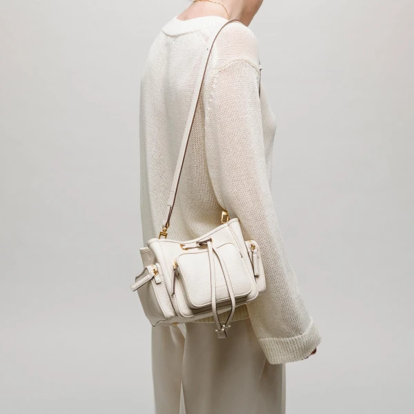 Mlouye Quad - Grained Cream Bag a Architectural Leather Handbag in Ivory at Coveti Luxury