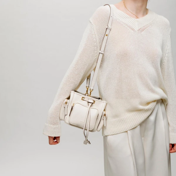 Mlouye Quad - Grained Cream Bag a Architectural Leather Handbag in Ivory at Coveti Luxury