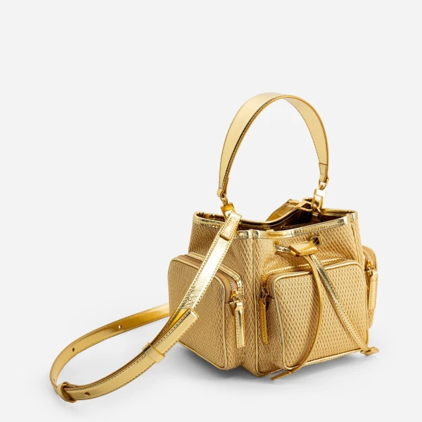 Mlouye Quad - Metallic Gold Bag a Architectural Leather Handbag in Gold at Coveti Luxury