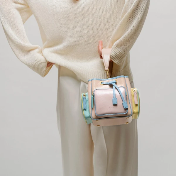 Mlouye Quad - Metallic Gold Bag a Architectural Leather Handbag in Gold at Coveti Luxury