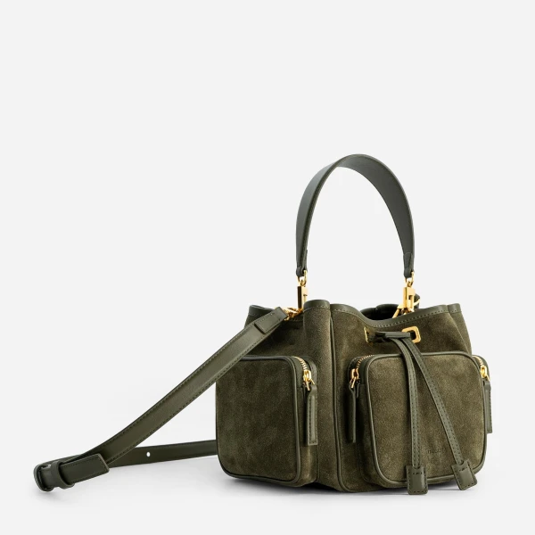 Mlouye Quad - Suede Khaki Bag a Architectural Leather Handbag in Green at Coveti Luxury