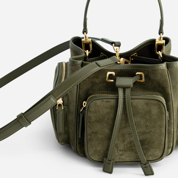 Mlouye Quad - Suede Khaki Bag a Architectural Leather Handbag in Green at Coveti Luxury