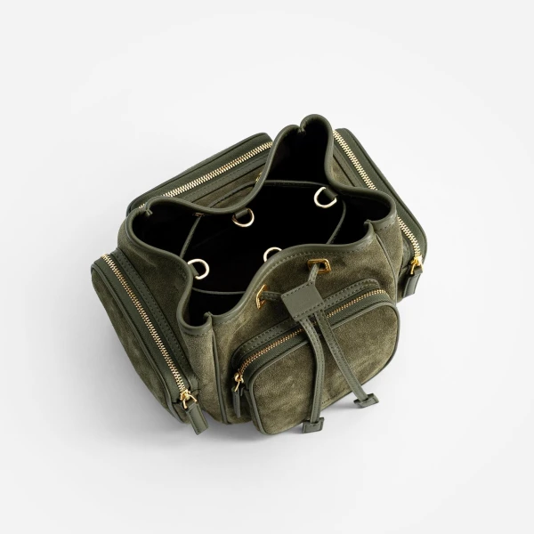 Mlouye Quad - Suede Khaki Bag a Architectural Leather Handbag in Green at Coveti Luxury
