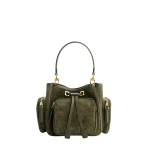 Mlouye Quad - Suede Khaki Bag a Architectural Leather Handbag in Green at Coveti Luxury