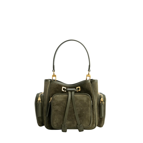 Mlouye Quad - Suede Khaki Bag a Architectural Leather Handbag in Green at Coveti Luxury