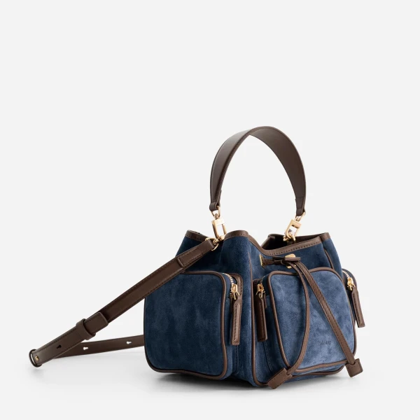 Mlouye Quad - Suede Marine Bag a Architectural Leather Handbag in Blue at Coveti Luxury