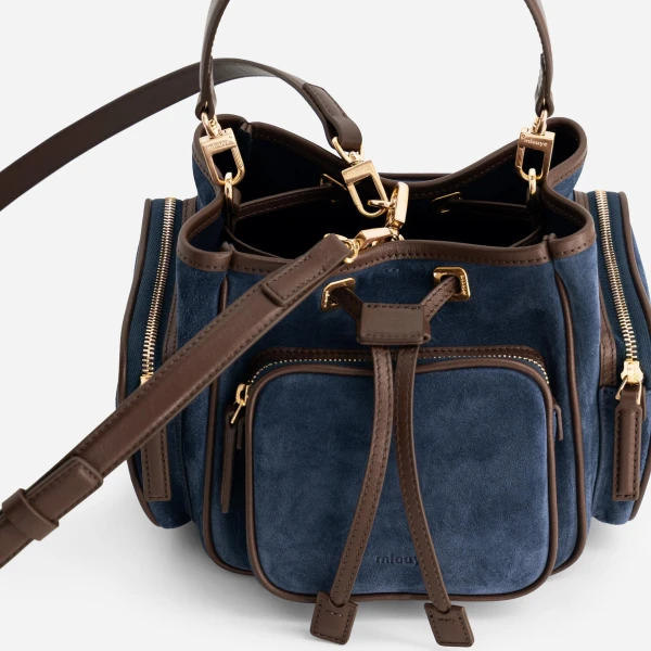 Mlouye Quad - Suede Marine Bag a Architectural Leather Handbag in Blue at Coveti Luxury