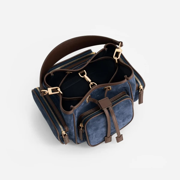 Mlouye Quad - Suede Marine Bag a Architectural Leather Handbag in Blue at Coveti Luxury