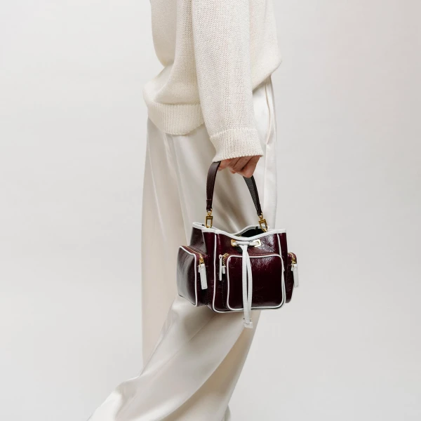 Mlouye Quad - Crinkled Black Bag a Architectural Leather Handbag in Black at Coveti Luxury