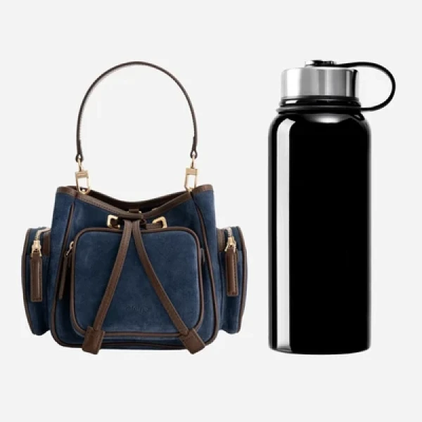 Mlouye Quad - Suede Marine Bag a Architectural Leather Handbag in Blue at Coveti Luxury