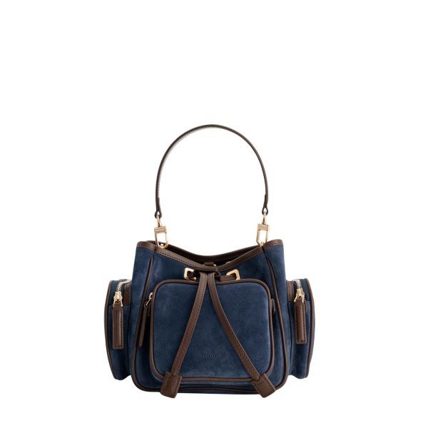 Mlouye Quad - Suede Marine Bag a Architectural Leather Handbag in Blue at Coveti Luxury